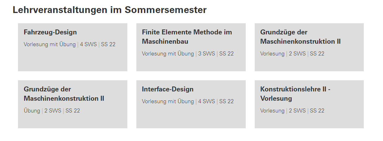 Bild: In kleinen grauen Kacheln sind die wesentlichen Informationen von sechs Lehrveranstaltungen für eine schnelle Übersicht dargestellt.